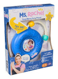 Blue circular toy radio with a white handle, in a Ms. Rachel box featuring a photo of her and toy details.