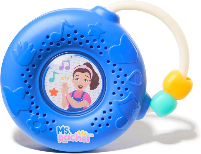 Round blue toy radio featuring an illustration of Ms. Rachel, embossed icons, and a white handle with colorful beads.