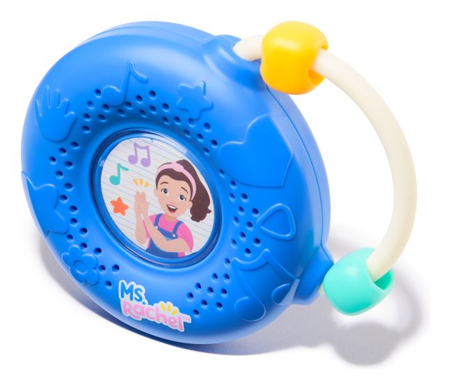 Blue round toy radio with handle and beads, featuring a cartoon of Ms. Rachel and embossed musical symbols.