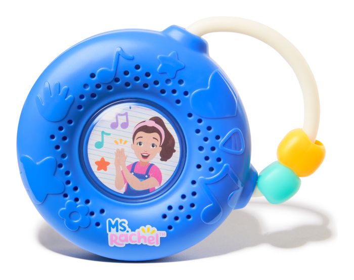Blue circular toy radio with an image of Ms. Rachel in the center, a white handle, and yellow and green beads.
