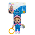 Small Ms. Rachel plush in blue overalls and pink shirt holding a yellow ring, on blue and white product packaging.