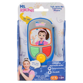 Blue toy phone with colorful buttons and cartoon Ms. Rachel on the screen, displayed in blue branded packaging.