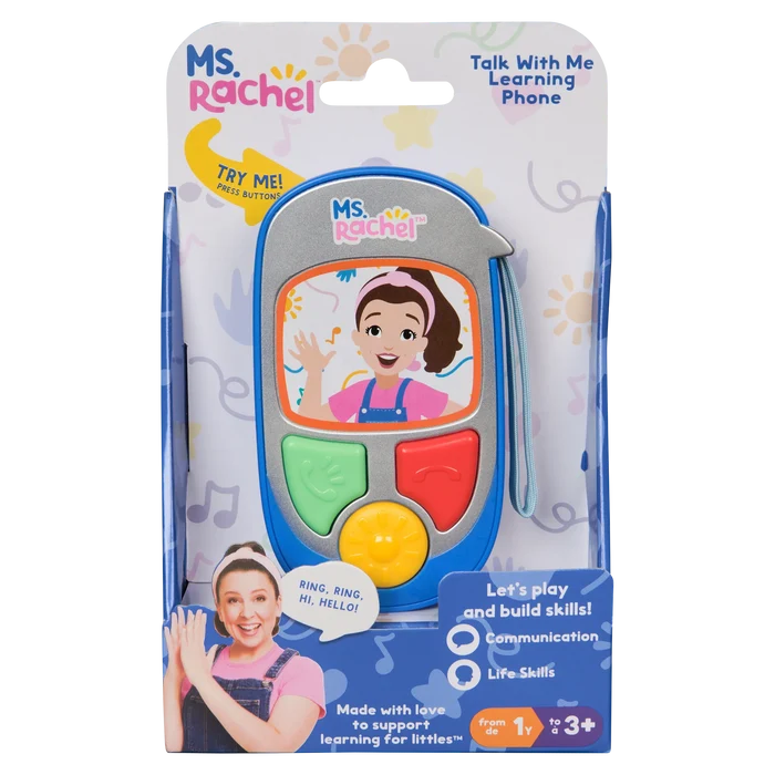 Blue toy phone with colorful buttons and cartoon Ms. Rachel on the screen, displayed in blue branded packaging.