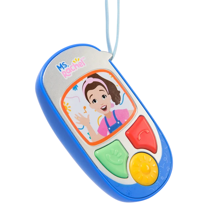 Blue toy phone with a blue casing, silver face, cartoon of Ms. Rachel, and large green, red, and yellow buttons.