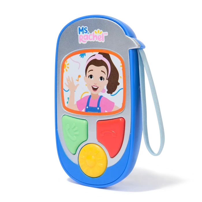 Blue toy phone featuring an illustrated Ms. Rachel waving, with large colorful buttons and a light blue wrist strap.