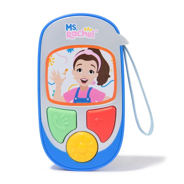 Blue and silver toy phone featuring Ms. Rachel on screen, with green, red, and yellow buttons and a wrist strap.