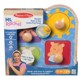 Wooden peg puzzle in a blue box with Ms. Rachel, featuring colorful shapes, large wooden knobs, and an inset mirror.