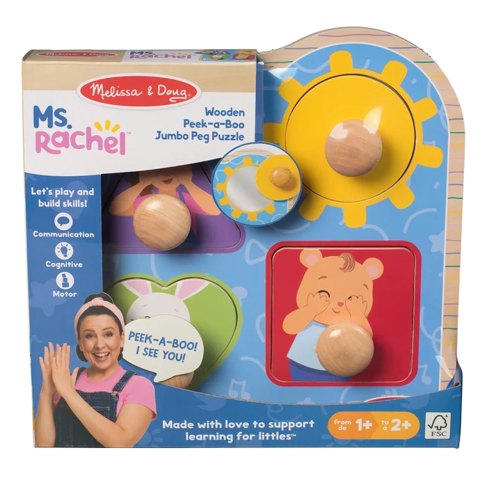 Wooden peg puzzle in a blue box with Ms. Rachel, featuring colorful shapes, large wooden knobs, and an inset mirror.