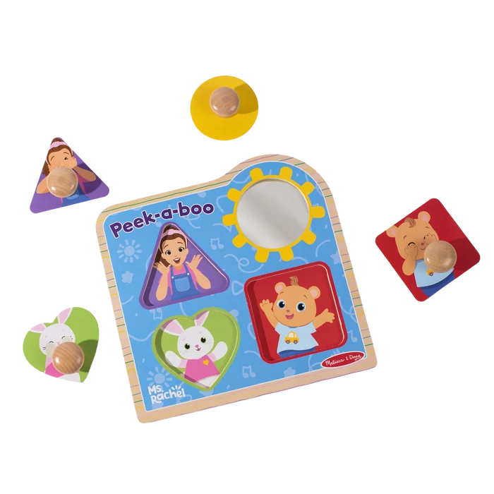 Wooden peg puzzle featuring four colorful shapes with large knobs and Ms. Rachel characters, revealing hidden illustrations.
