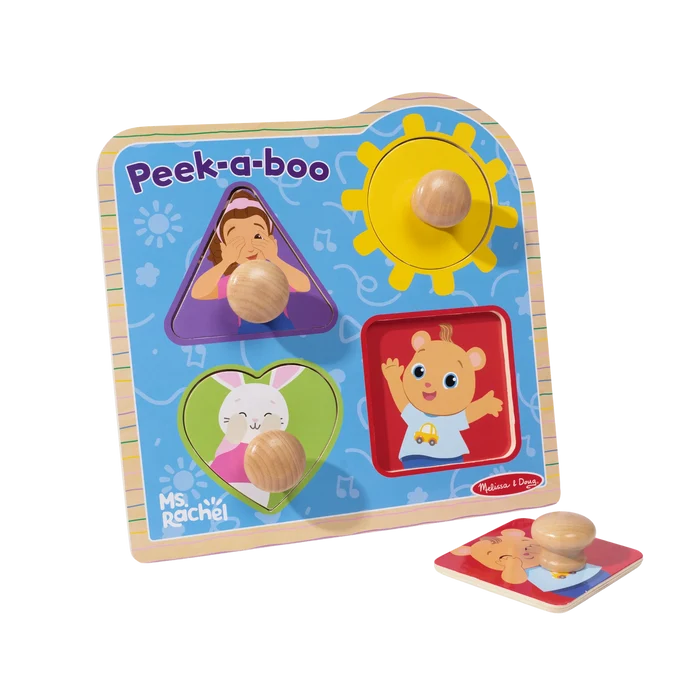 Ms. Rachel wooden peg puzzle with large knobs and colorful heart, sun, triangle, and square character pieces.
