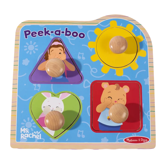 Wooden peg puzzle featuring Ms. Rachel, a sun, bunny, and bear playing peek-a-boo on a blue board.