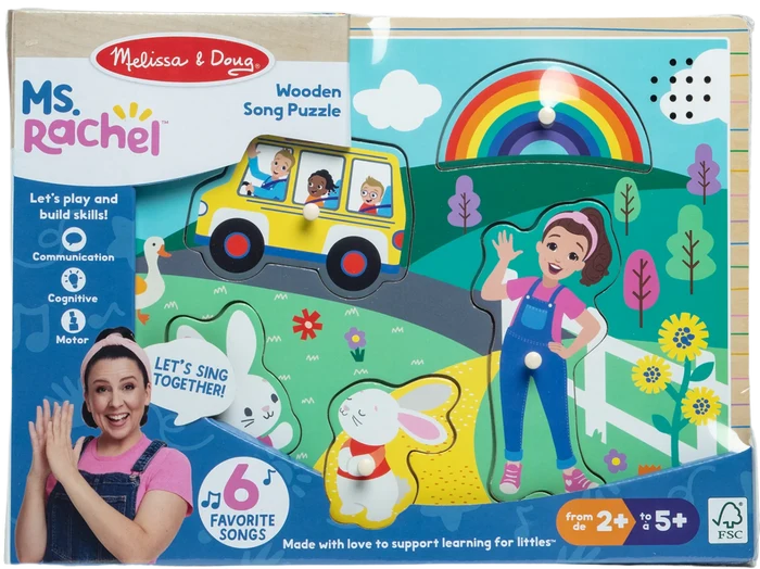 Colorful wooden puzzle with knob pieces of a bus, girl, and bunny. Packaging features a photo of Ms. Rachel.