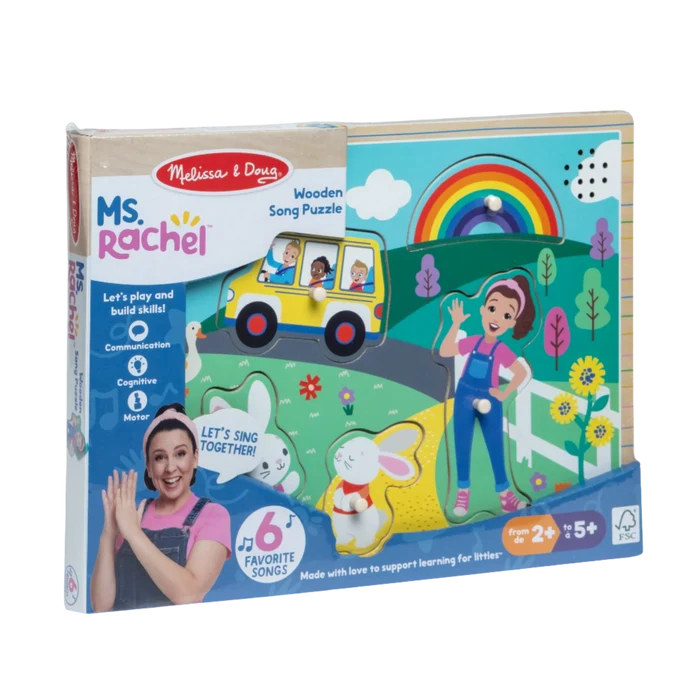 Wooden peg puzzle in box featuring Ms. Rachel, a yellow bus, and a rainbow. Packaging shows 6 songs and ages 2-5.