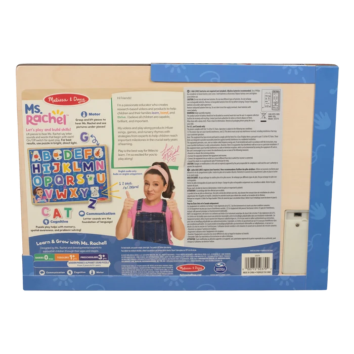 Back of wood alphabet puzzle box featuring colorful letters, developmental icons, and a photo of Ms. Rachel smiling.