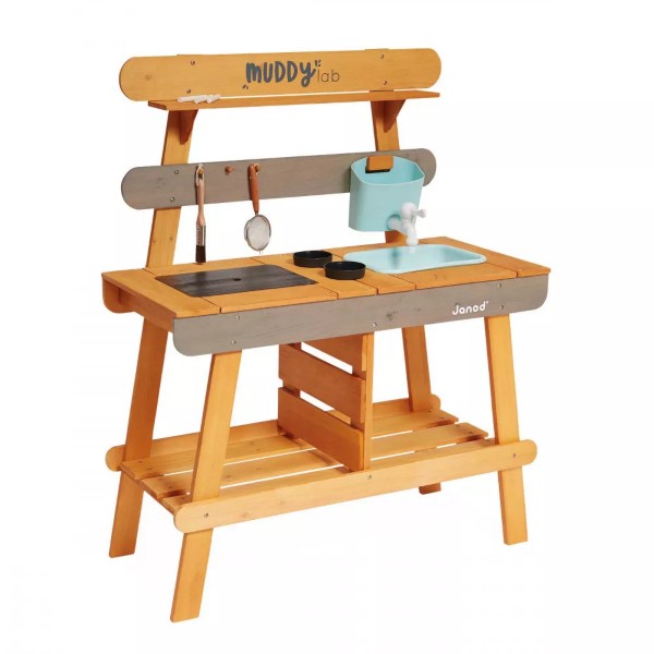 Wooden outdoor play kitchen featuring a blue water tank, sink, gray accents, and hanging kitchen utensils.