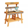Wooden outdoor play kitchen featuring a blue water tank, sink, gray accents, and hanging kitchen utensils.
