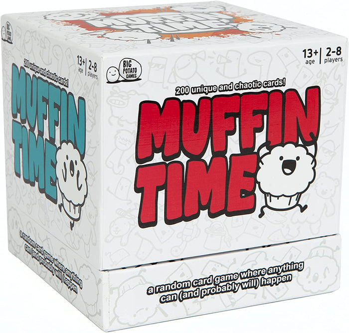 White square box for Muffin Time game with bold red text, a cartoon muffin, and black-and-white doodles.