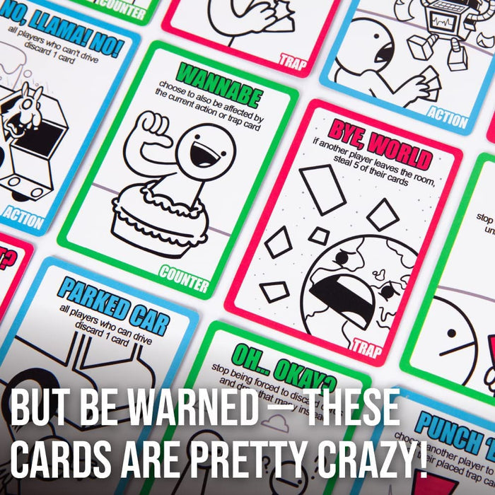Close-up of colorful cards with simple black-and-white cartoon line art and bright red, green, and blue borders.