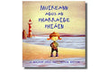 Book cover illustration of a child on a beach with a red and white lighthouse and blue Irish text.