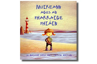 Book cover illustration of a child on a beach with a red and white lighthouse and blue Irish text.