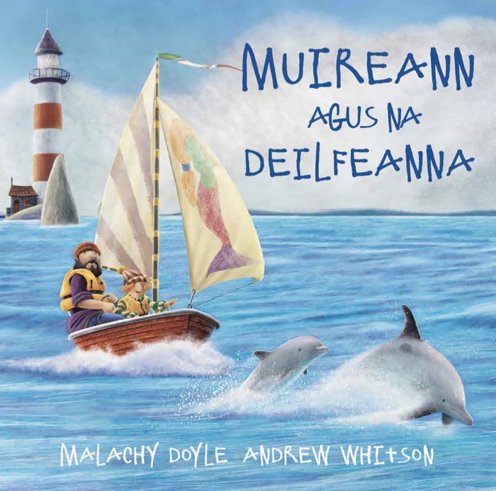 Book cover illustration of a sailboat with a mermaid sail, a striped lighthouse, and two dolphins leaping from the sea.