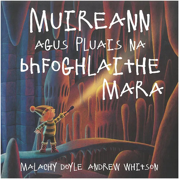Book cover: A child in a striped shirt shines a flashlight in a dark cave with glowing orange stalactites.