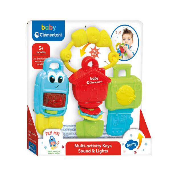 Packaged baby toy with blue car, red house, and green case keys hanging from a yellow ring with numbers.