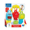 Packaged baby toy with blue car, red house, and green case keys hanging from a yellow ring with numbers.