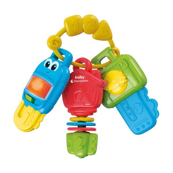 Three colorful toy keys with a light-up screen and textures hanging from a yellow ring with number beads 1, 2, and 3.