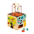 Wooden toy cube with colorful wire bead maze top, animal sliders, and pond-themed shape sorter with fish blocks.