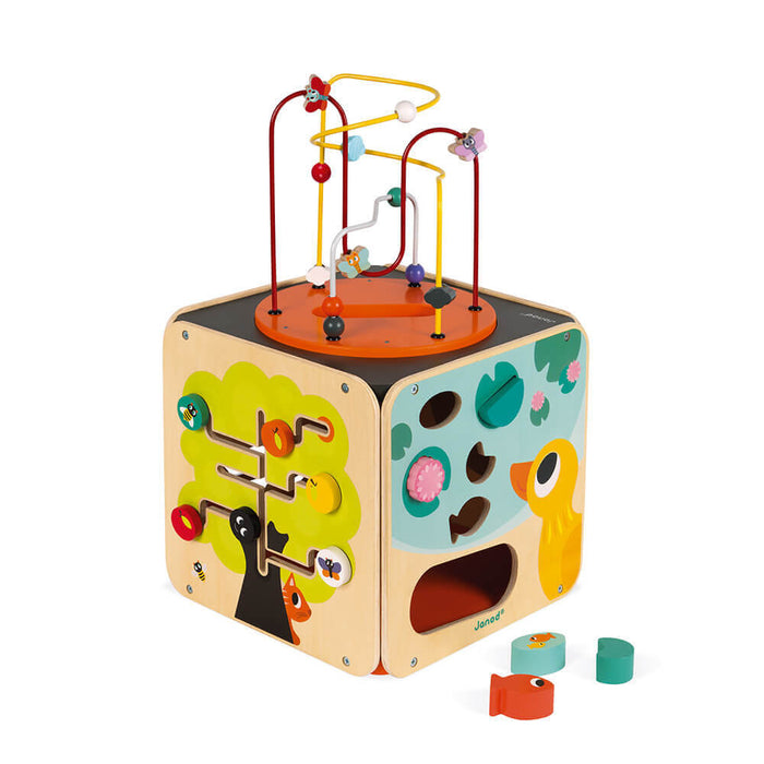 Wooden toy cube with colorful wire bead maze top, animal sliders, and pond-themed shape sorter with fish blocks.