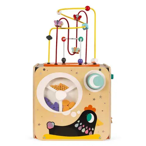 Wooden activity cube with a colorful wire bead maze top and a spinning sensory wheel featuring a black hen illustration.