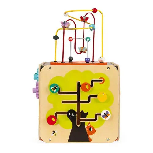 Wooden activity cube with colorful wire bead maze on top and a tree-themed sliding game on the front.