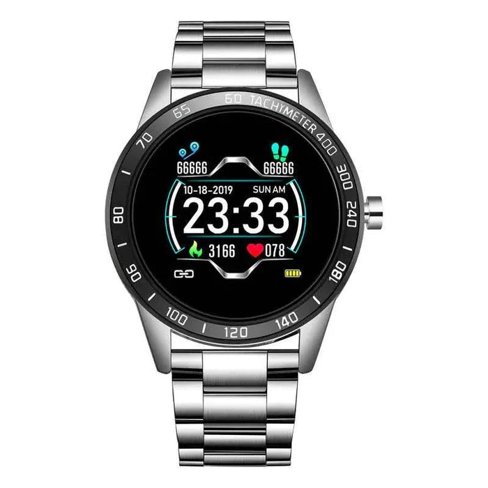 Multi-functional smart watch with steel band, alloy case in black, gold, and silver, designed for business-style electronics accessories.