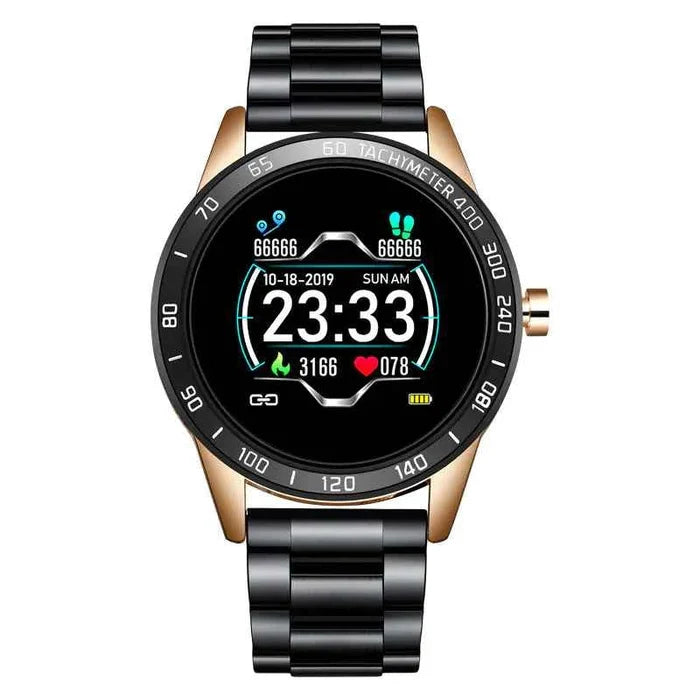 Multi-functional smart watch with steel band in black, gold, or silver featuring a business-style alloy case by Mead's Supply & Equipment.
