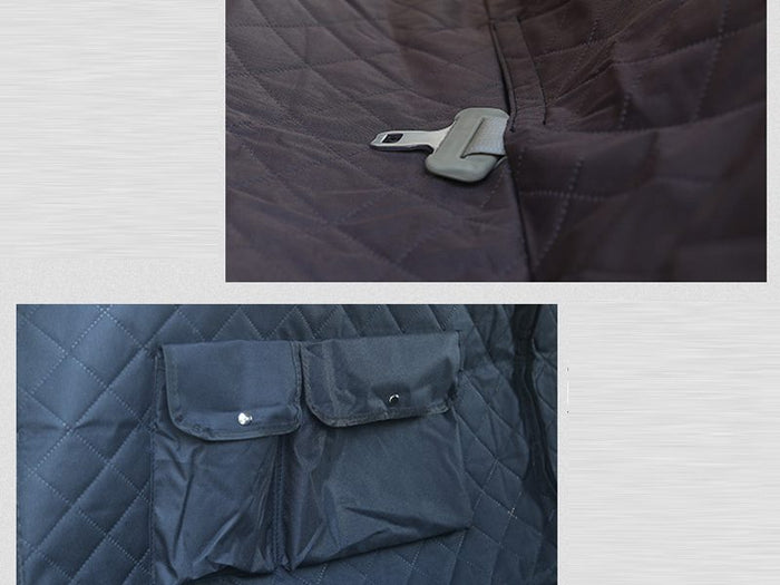 Waterproof pet back seat cover hammock with non-slip backing, designed to protect car seats and keep pets secure.