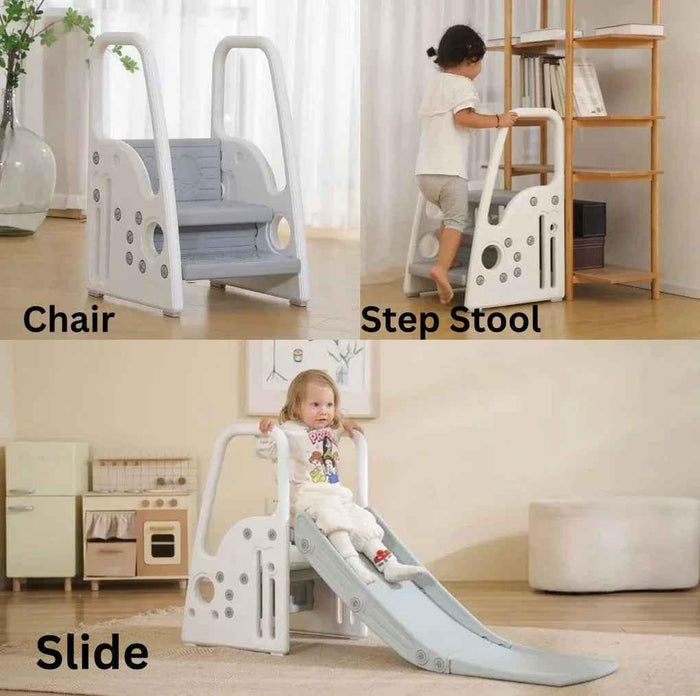 Baby Way NZ 3-in-1 toddler slide, chair, and step stool for indoor play, featuring colorful, kid-friendly design for active toddlers.