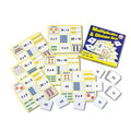 Yellow grid bingo cards with math problems and illustrations, white number tiles, and a blue and yellow box.