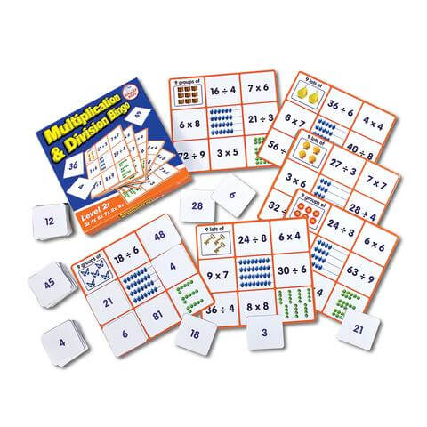 Blue game box with white cards featuring math problems in orange grids, alongside small square numbered tiles.