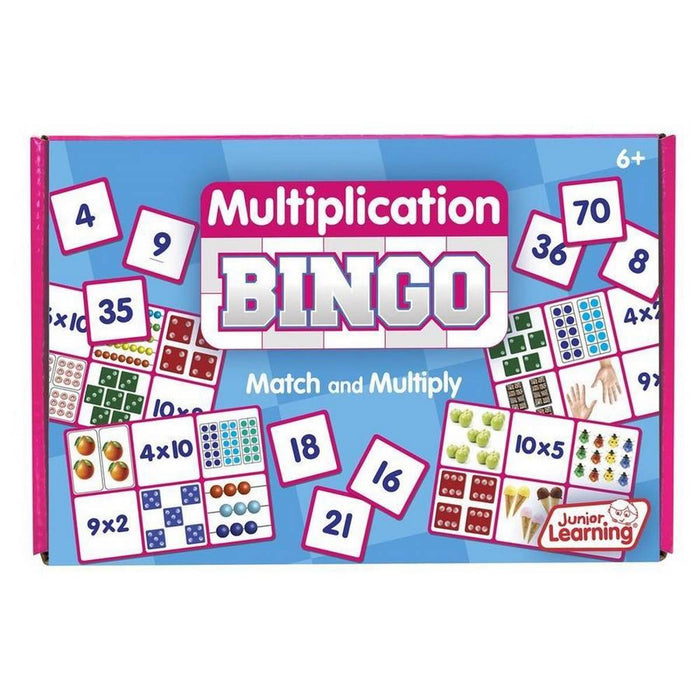 Blue and pink Multiplication Bingo box featuring cards with numbers, math problems, and colorful pictorial arrays.