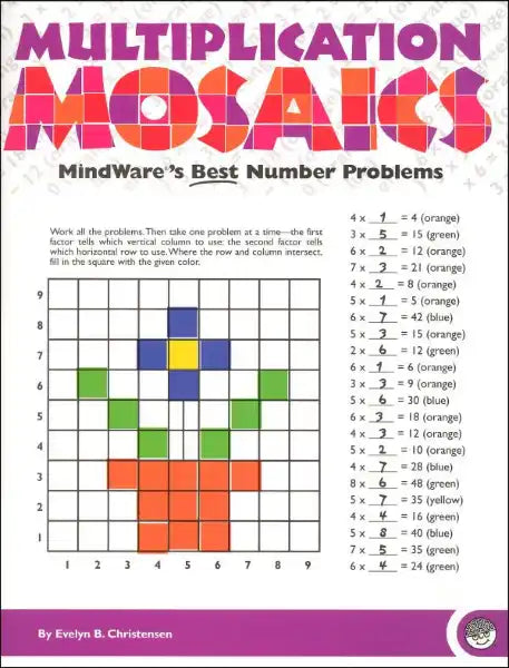 Workbook page with multiplication problems used to color a grid, revealing a pixelated flower in a terracotta pot.