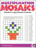 Workbook page with multiplication problems used to color a grid, revealing a pixelated flower in a terracotta pot.