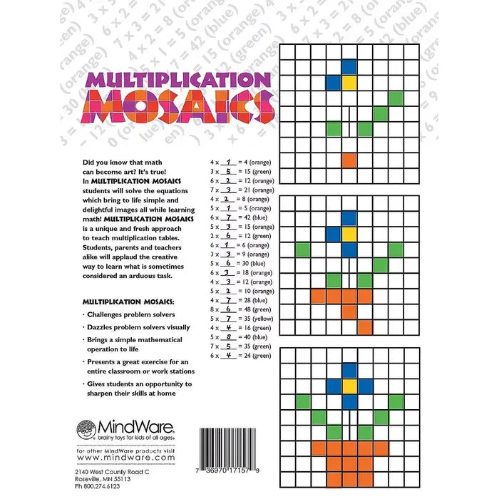 Educational activity page with multiplication equations next to a color-coded grid forming pixelated mosaic art.