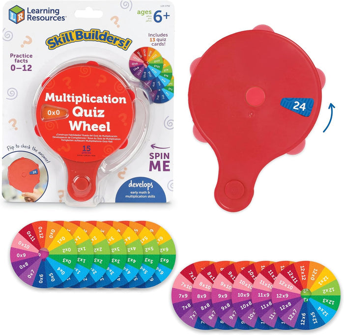 Red handheld quiz wheel with a viewing window and colorful math cards, shown in blue and white retail packaging.