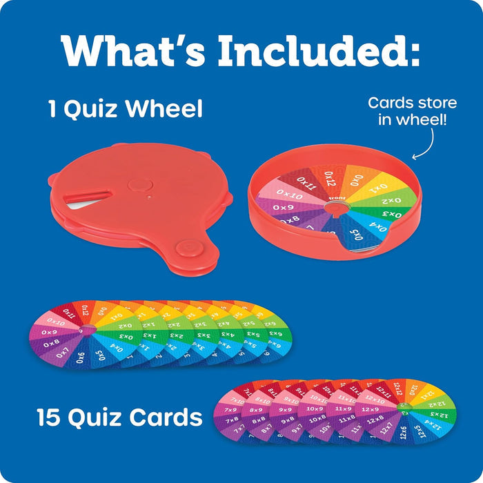 Red plastic quiz wheel case shown open and closed with 15 colorful multiplication fact discs on a blue background.