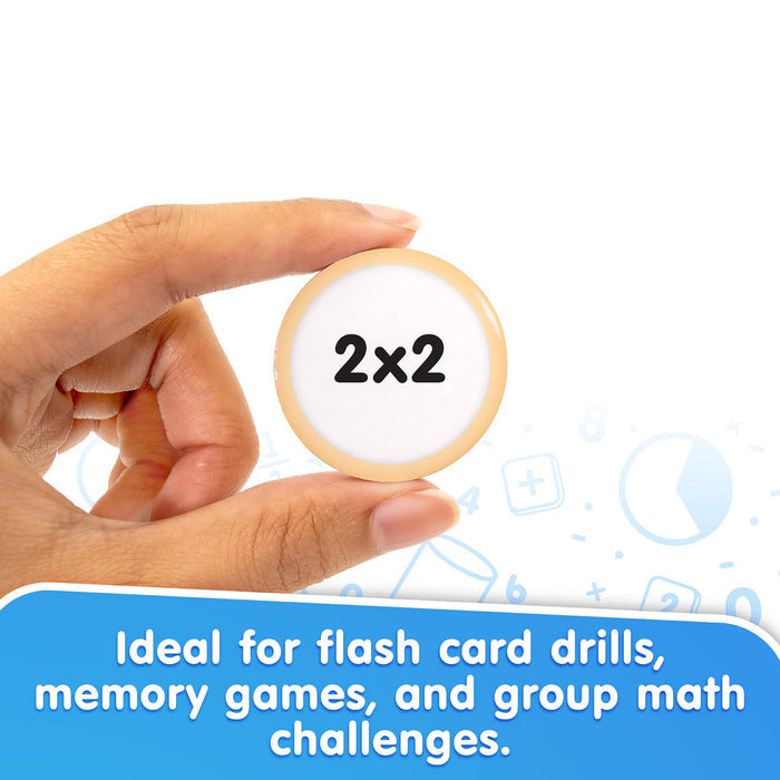 Hand holding a small circular tile with 2x2. Blue banner below describes its use for math drills and memory games.