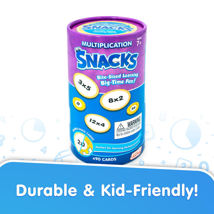 Purple and blue tub of Multiplication Snacks showing double-sided oval flashcards with math problems for ages 7+.