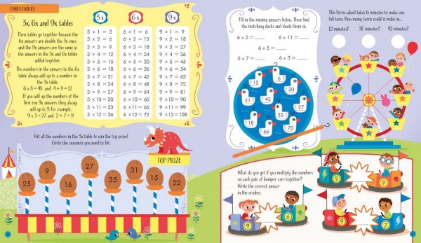 Colorful carnival-themed math activity book spread with multiplication tables, bumper cars, and a Ferris wheel.