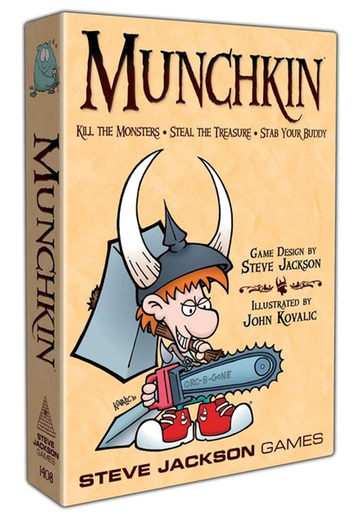 Tan Munchkin box featuring a cartoon warrior in a horned helmet holding a shield and a blue chainsaw.