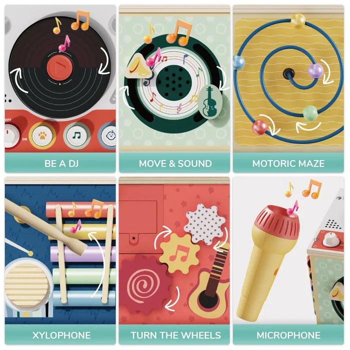 Six panels show a colorful toy with a black turntable, blue bead maze, rainbow xylophone, gears, and a toy microphone.